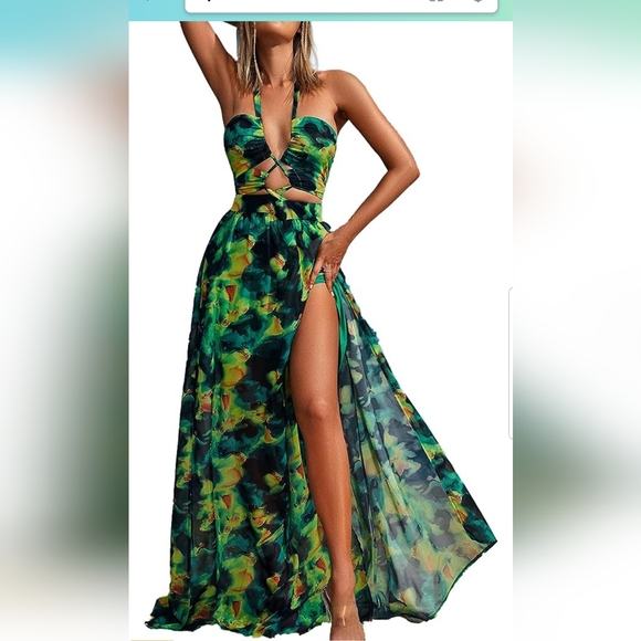 Bella Barnett Printed Halter Neck Maxi Dress Summer HawaiianTropical Print Dress - Picture 5 of 12
